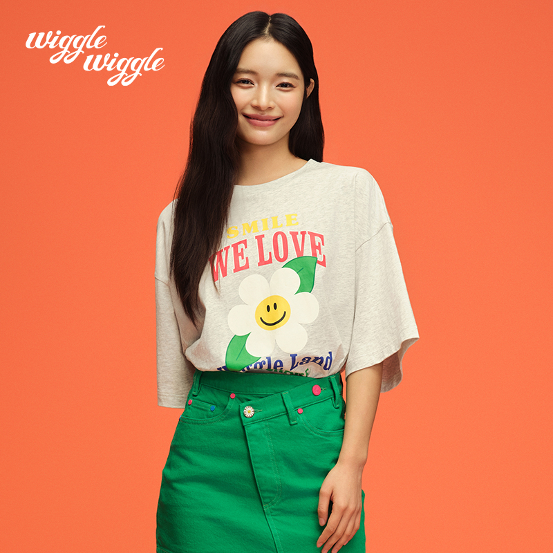 wigglewiggle25年夏新款笑脸花宽松短袖T恤女多巴胺暑