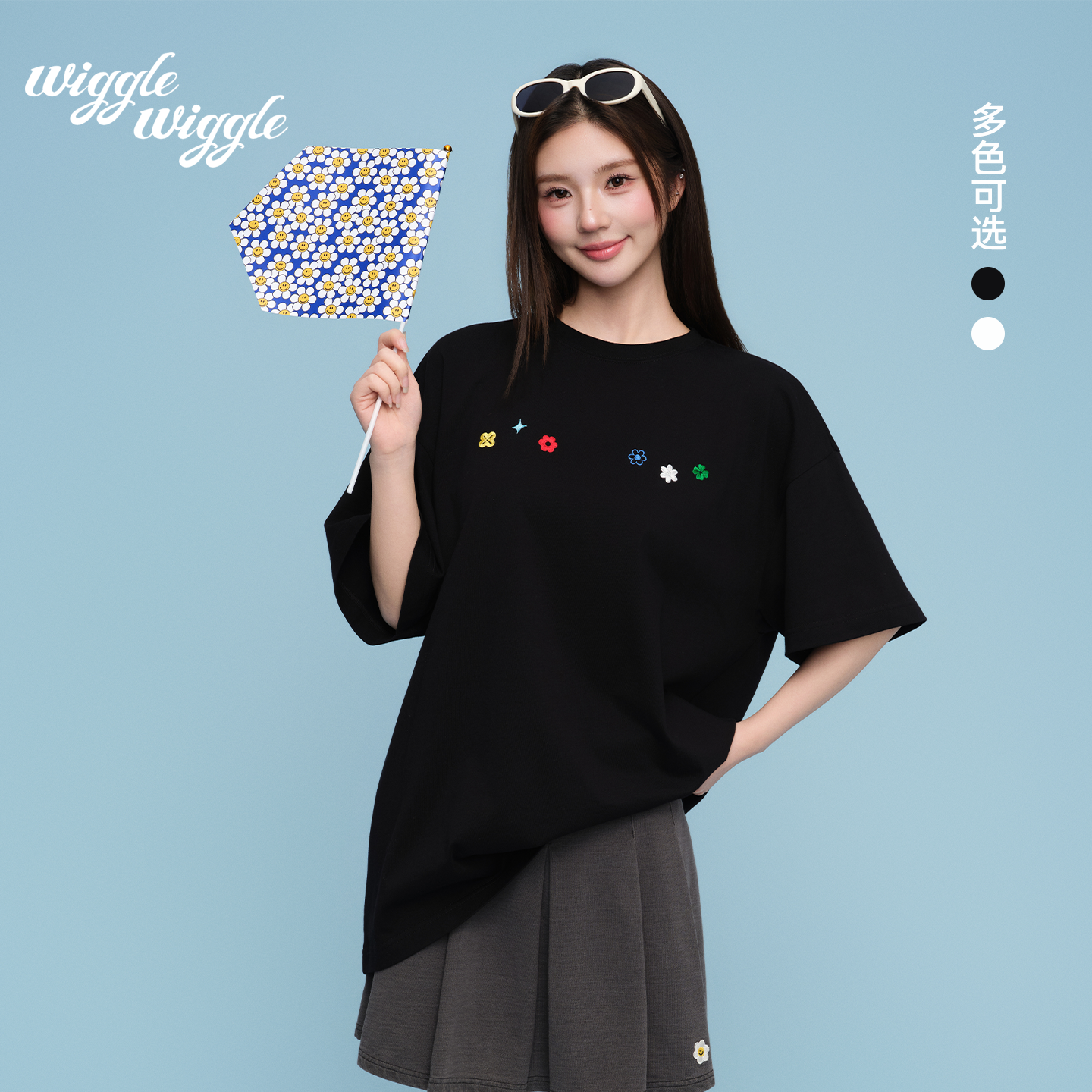 【曾沛慈同款】wigglewiggle26新款韩国时尚印花宽松纯棉T恤短袖