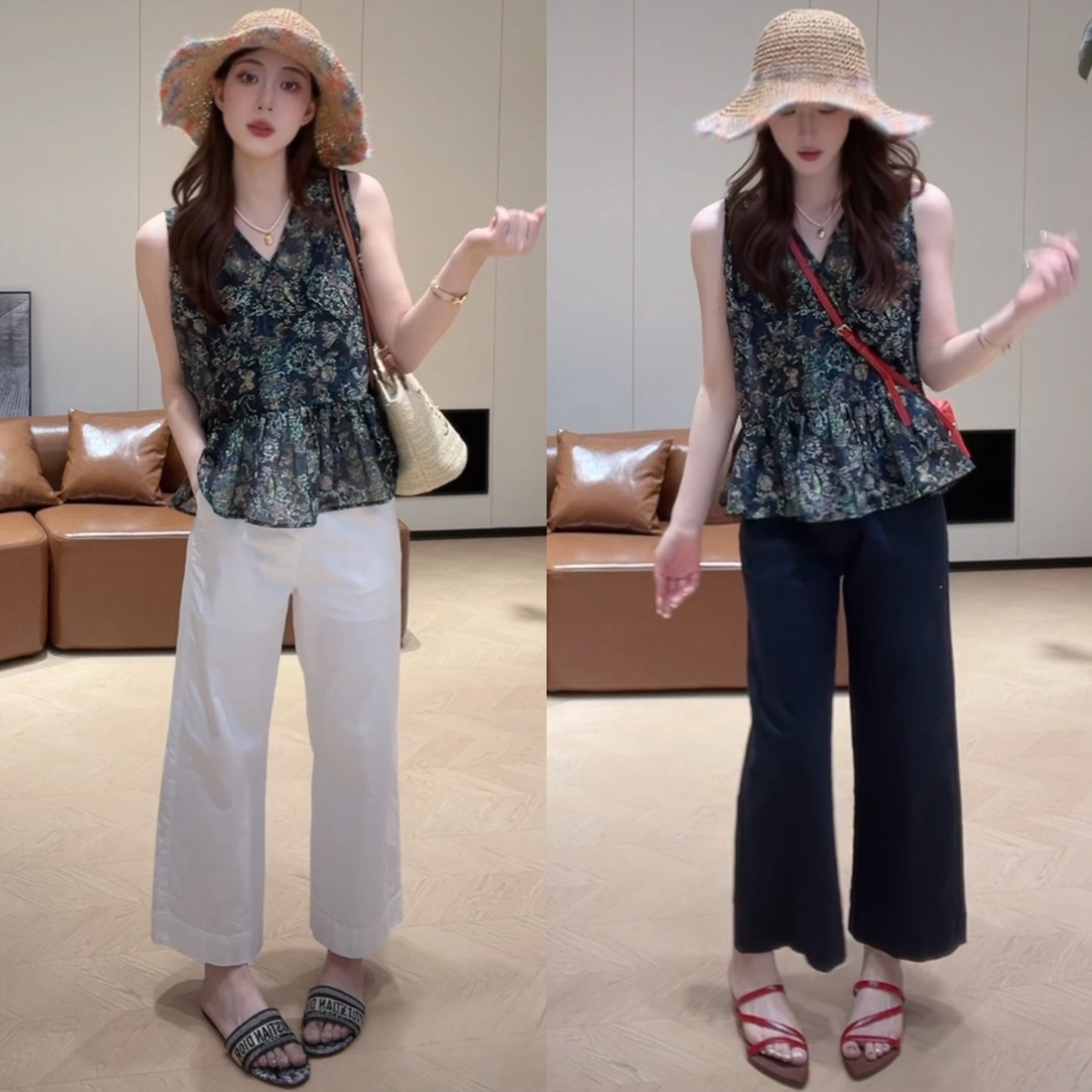 巨好看的夏天套装时尚洋气碎花无袖马甲上衣九分休闲裤显瘦两件套