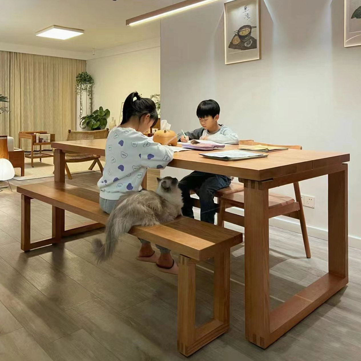 莫比恩同款餐桌原木桌子实木工作台家用长条书桌白蜡木餐桌椅组合