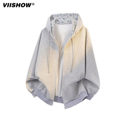 VIISHOW美式高街时尚小碎花撞色拼接慵懒学院风拉链连帽开衫卫衣