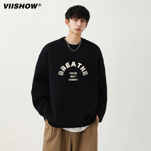高街慵懒风情侣套头内搭针织衫 VIISHOW潮牌印花圆领毛衣男款 美式