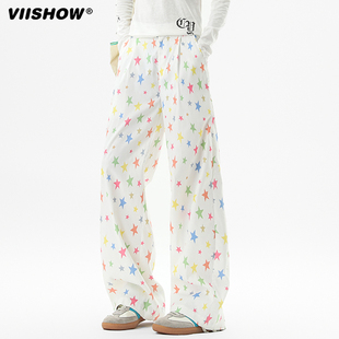VIISHOW多巴胺满印星星休闲裤男女秋慵懒松弛情侣阔腿直筒长裤子