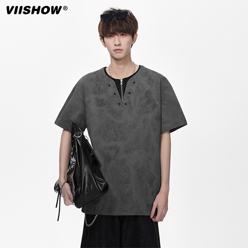 VIISHOW假两件半拉链短袖T恤男夏季宽松体恤美式潮牌潮流扎染半袖