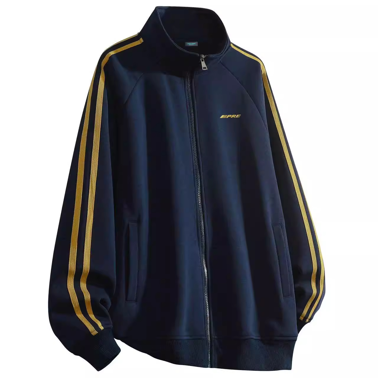 PRESSURE潮牌美式复古条纹拼接外套休闲宽松立领开衫男女同款卫衣