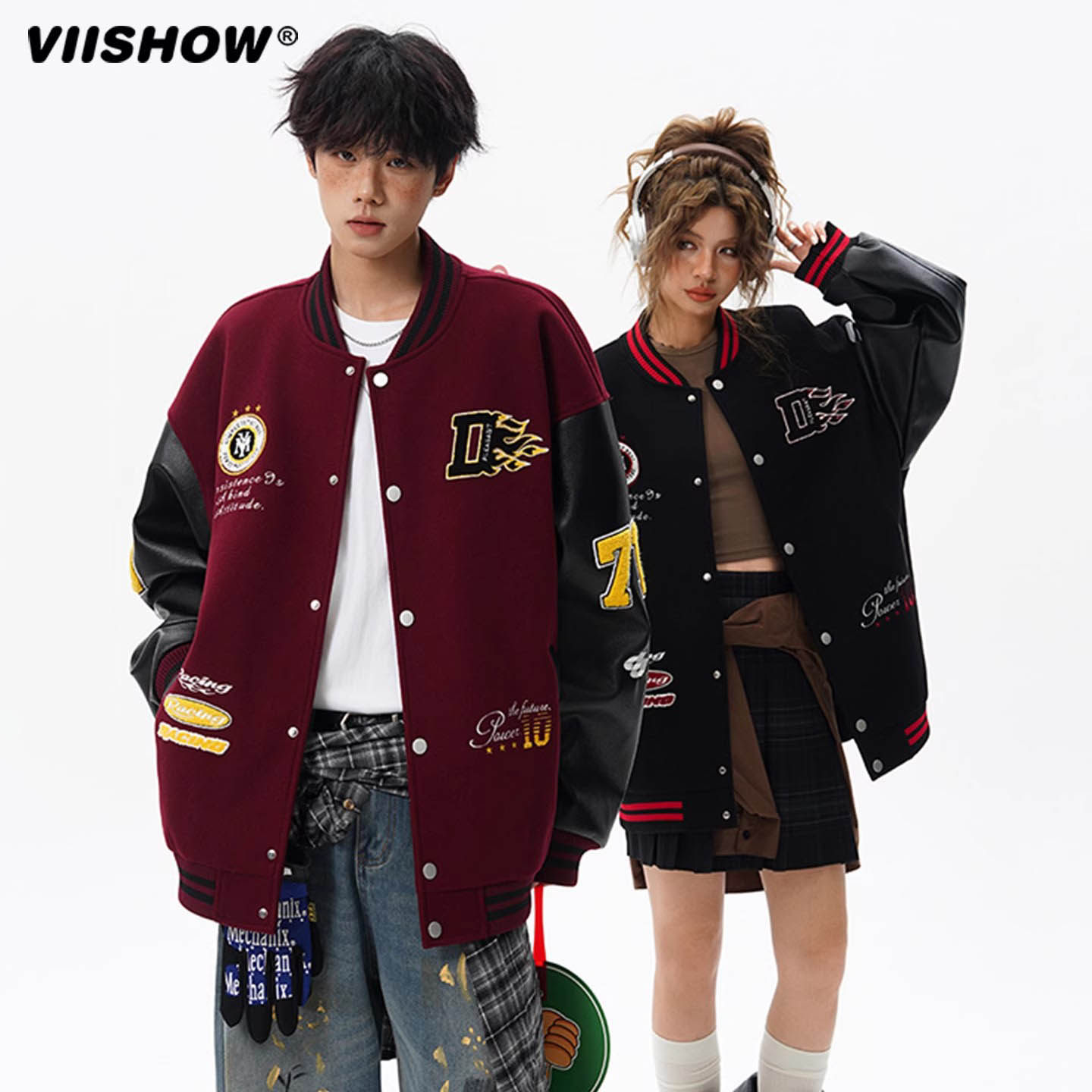 VIISHOW痞帅棒球领夹克男秋潮牌撞色刺绣外套设计感休闲情侣上衣,男装,夹克,淘宝优惠券,粉丝福利购,淘宝优惠卷