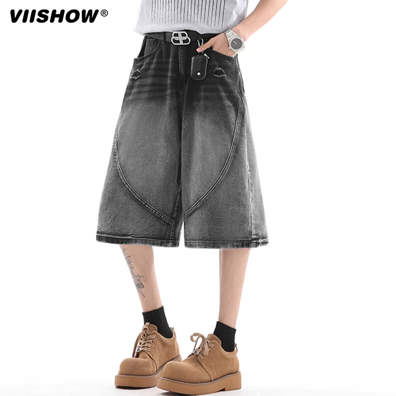 VIISHOW七分牛仔短裤男夏季美式复古水洗破洞廓形弯刀裤阔腿中裤