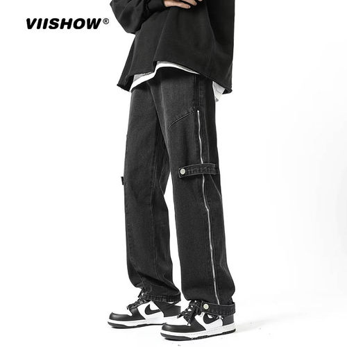 VIISHOW美式高街休闲牛仔裤子男士春秋季侧边拉链宽松百搭阔腿裤
