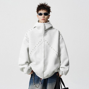 高街小众情侣开衫 2025新款 美式 秋季 外套 痞帅铆钉拼接连帽卫衣男士