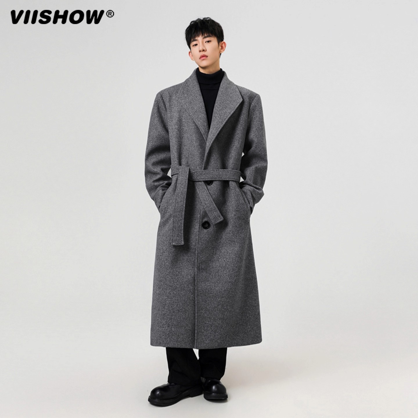 VIISHOW中长款毛呢大衣男冬复古高级感情侣外套高街潮牌过膝风衣