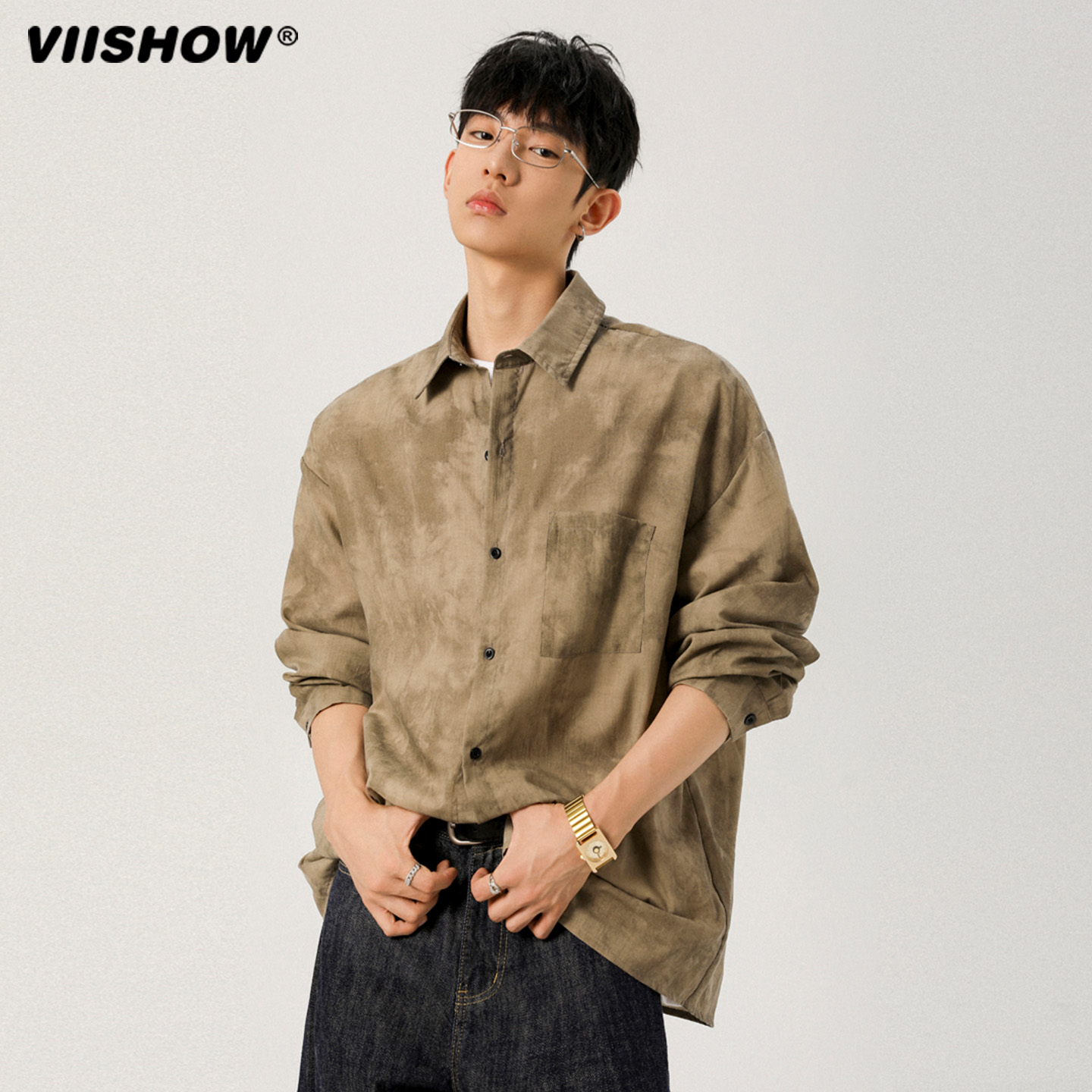 VIISHOW纯棉扎染长袖衬衫男款秋季美式复古痞帅潮流宽松衬衣外套