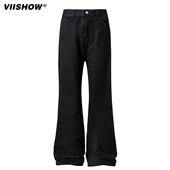 宽松高级感直筒百搭微喇长裤 VIISHOW黑色弯刀牛仔裤 男2025年美式