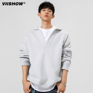 VIISHOW秋季简约撞色V领假两件连帽卫衣男潮牌宽松情侣高级感帽衫
