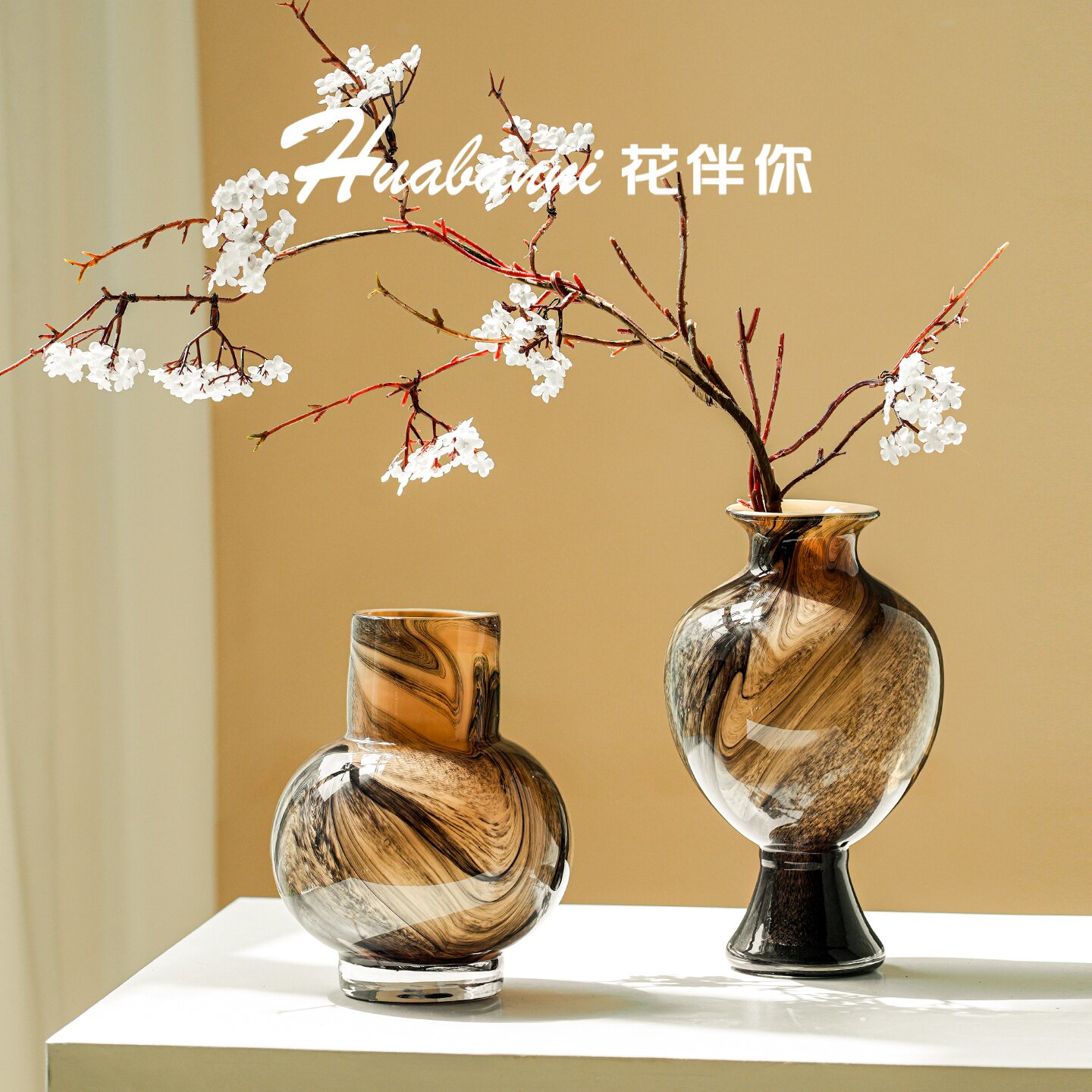 中古水墨风手工玻璃花瓶法式大肚复古风插花器玫瑰瓶轻奢家居摆件