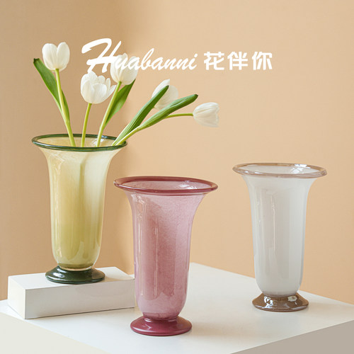 中古芬顿奶油琉璃敞口大口径花瓶
