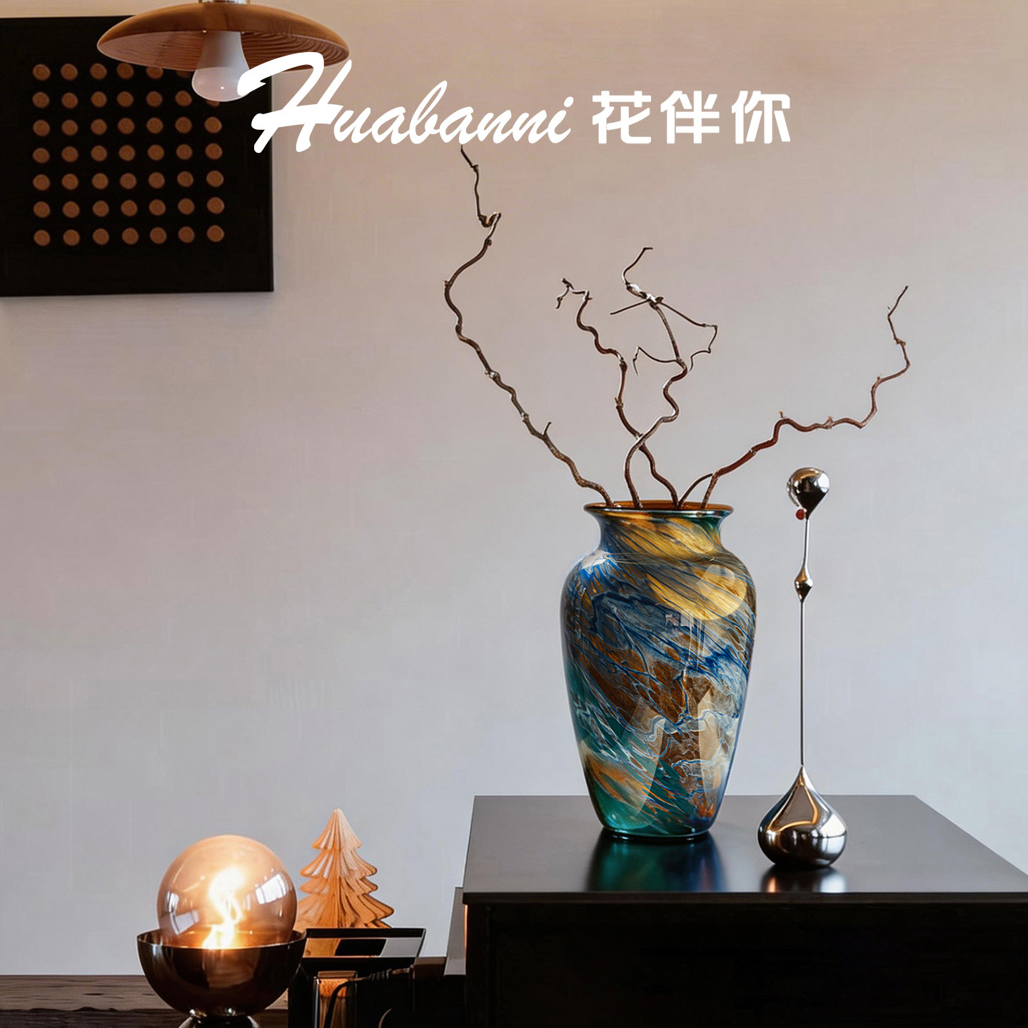 新中式高级艺术水墨肌理纯手工中古琉璃花瓶玻璃客厅玄关插花摆件