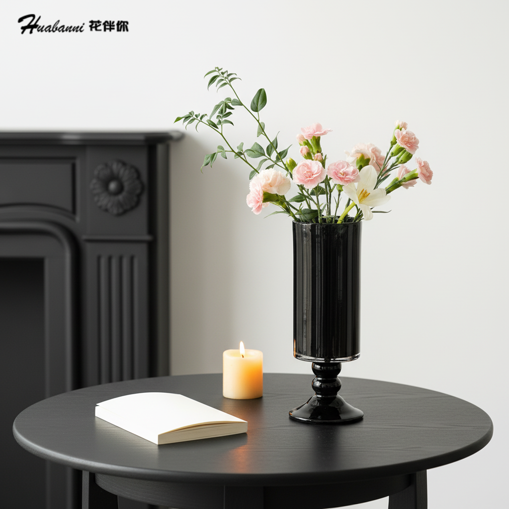 赫本风极简约黑色花瓶高脚圆柱形家居装饰摆件客厅餐桌花艺法式风,家居饰品,花瓶,淘宝优惠券,粉丝福利购,淘宝优惠卷