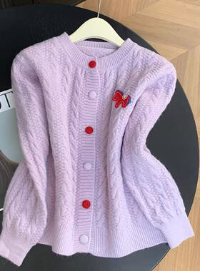 【妮娅专享】A311小马刺绣针织开衫女紫色圆领麻花纹毛衣外套