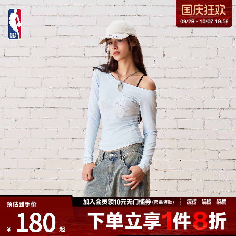 NBA女子款勇士球队斜肩长袖梭织运动休闲T恤
