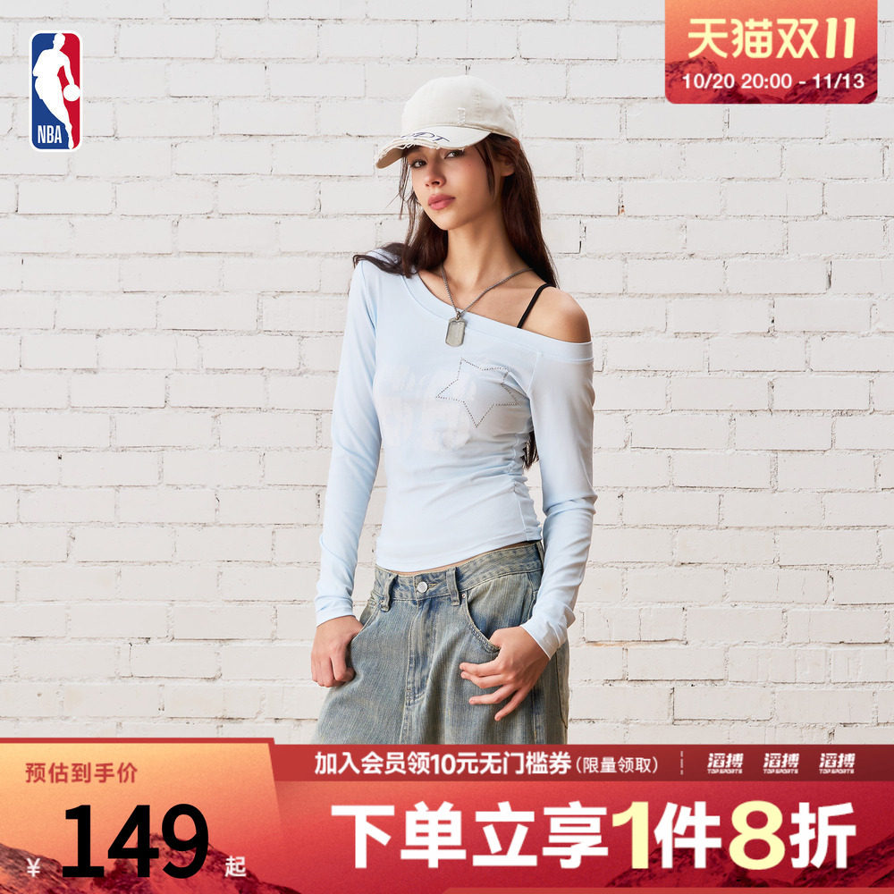 NBA女子款勇士球队斜肩长袖梭织运动休闲T恤