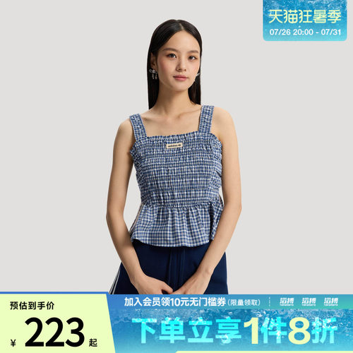 adidas阿迪达斯三叶草女子纯棉格纹荷叶边运动修身背心KX7035
