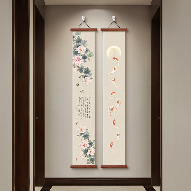 牡丹九鱼玄关装饰l画新中式走廊尽头挂画竖版窄长条寓意好双联壁图片
