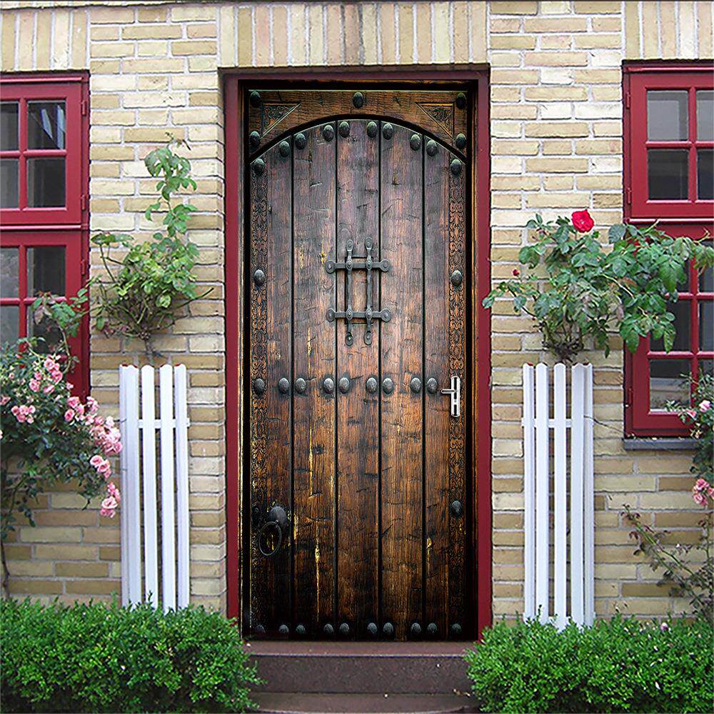 复古木门仿真门贴卧室推拉门客厅门翻新改造自粘可移除装饰贴画