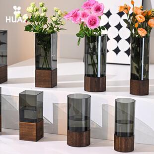 圆形花瓶中式木托防摔方形亚克力塑料花瓶客厅插花摆件装饰高级感