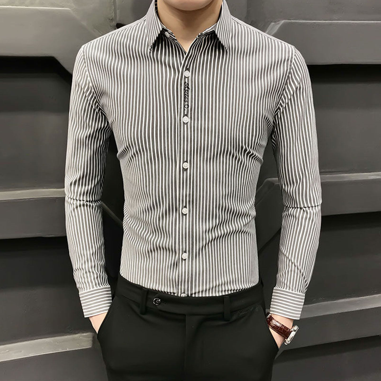 MK正品刺绣条纹衬衫男长袖2026春秋季新款高端商务休闲男士衬衣潮