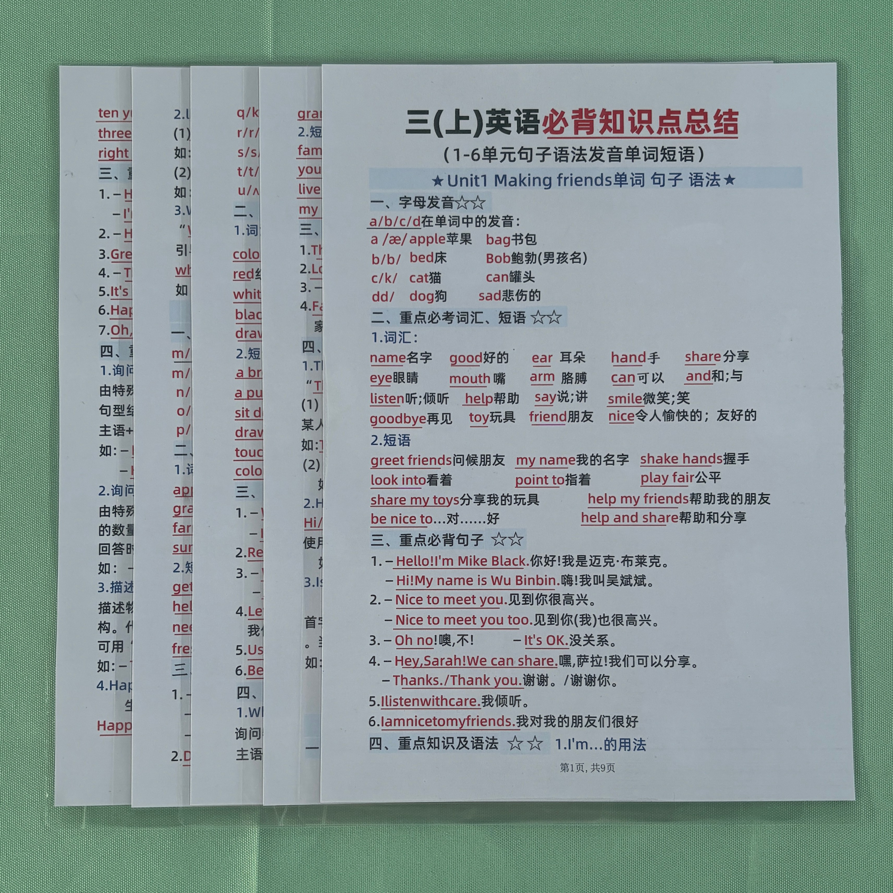 小学英语三年级上册知识点总结卡