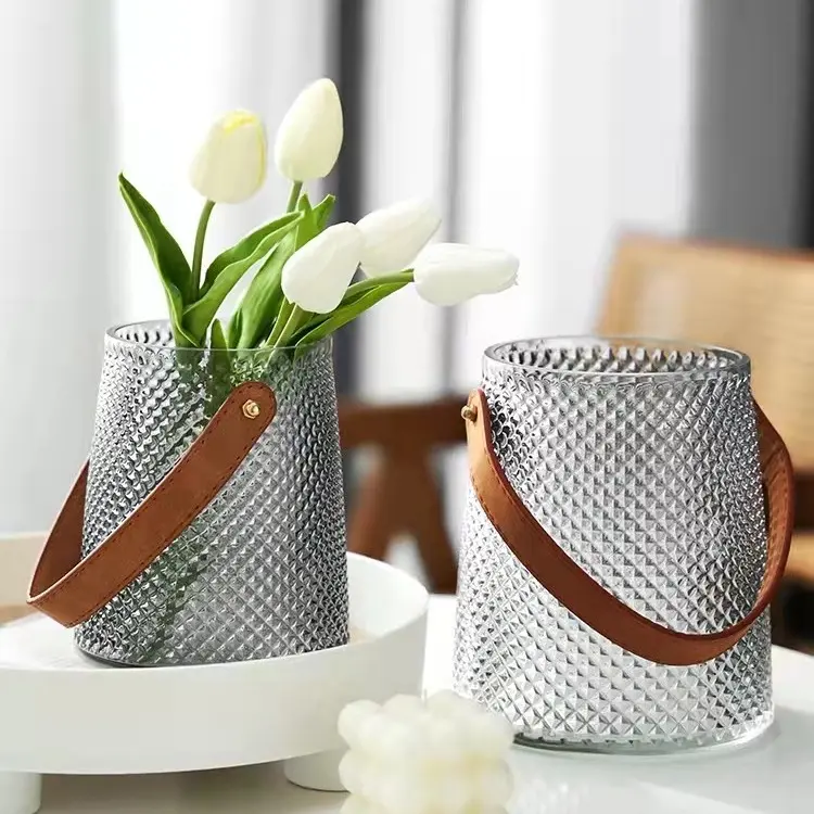 摩登主妇轻奢玻璃花瓶摆件手提皮革玻璃透明创意花瓶桌面客厅插花
