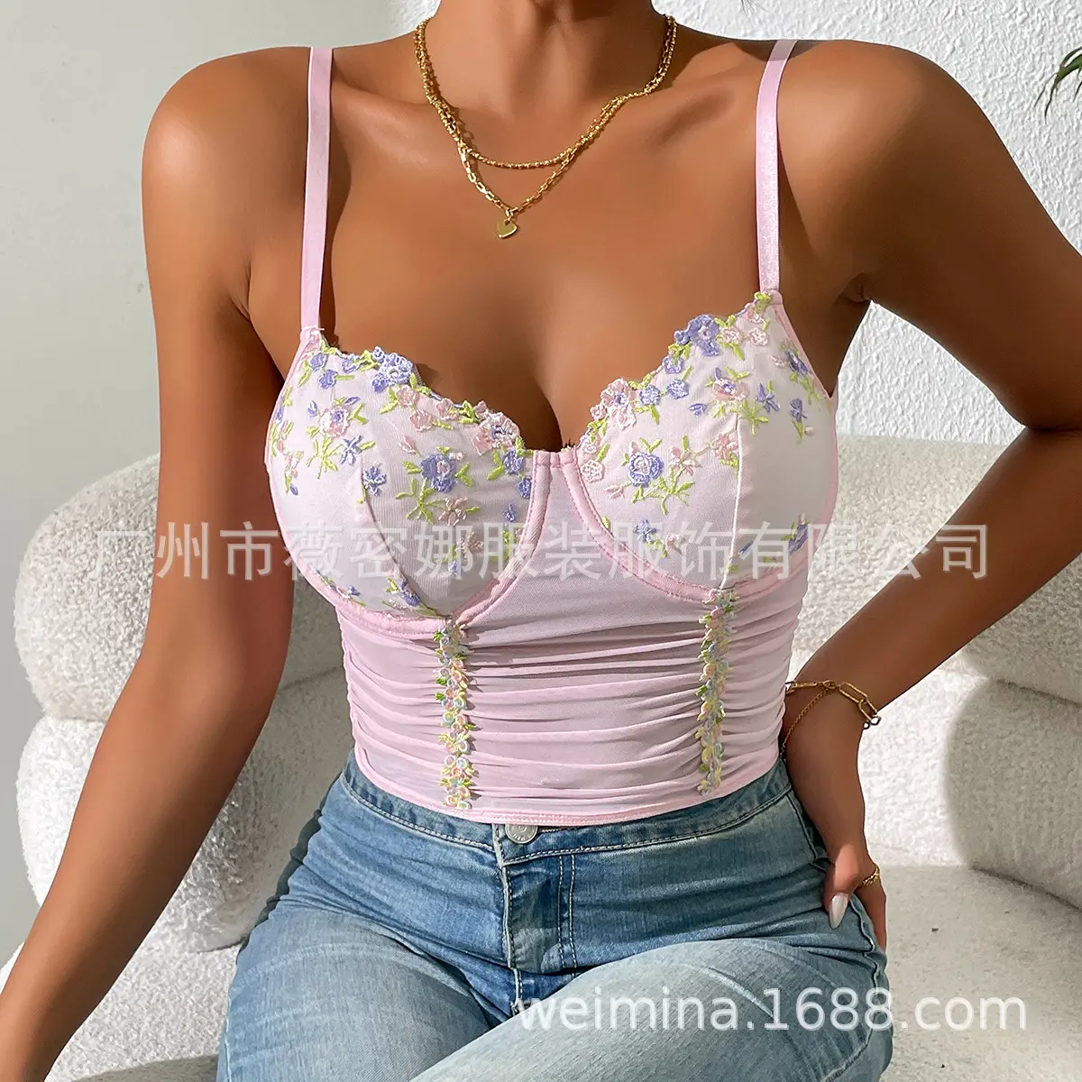 欧美女装独立站ins手工刺绣花朵缩褶钢圈多巴胺吊带背心60865