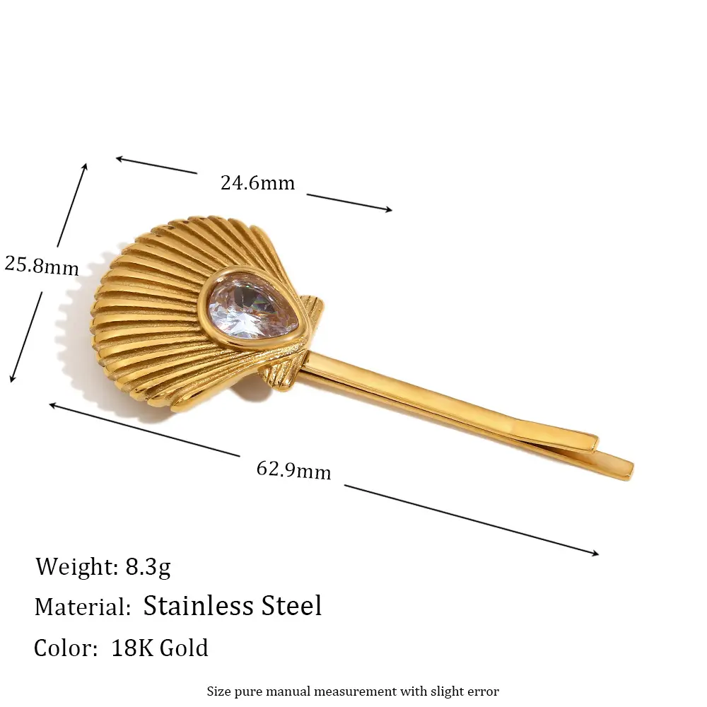 欧美新款时尚气质复古小众设计发饰不锈钢镀18k金锆石扇贝发夹女