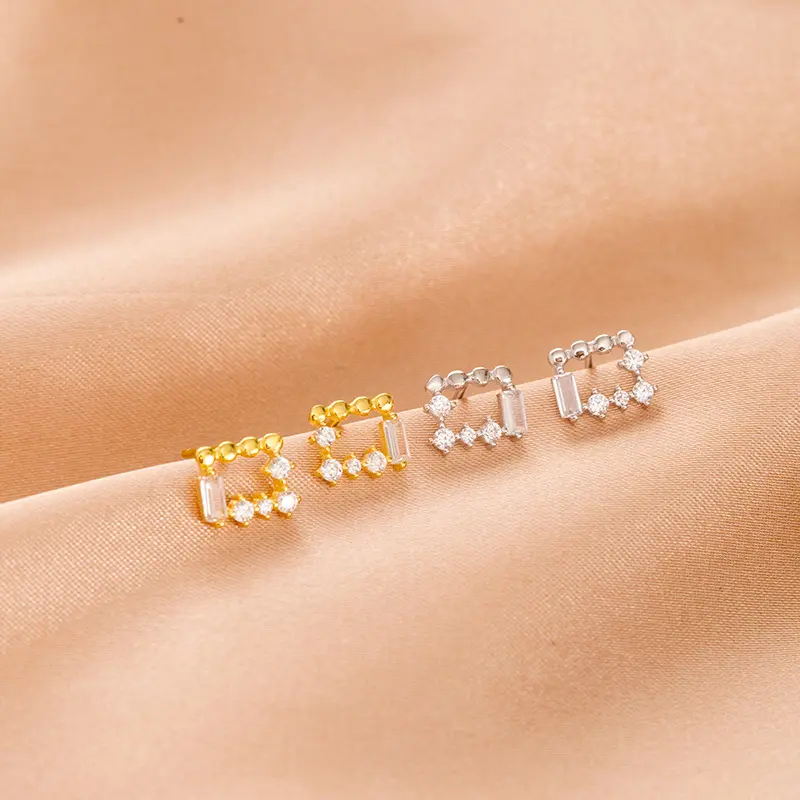 s925银方形镂空锆石耳钉女轻奢小众几何耳环耳饰品日常通勤