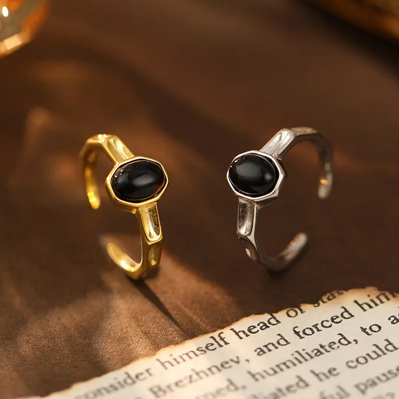 s925银高级感椭圆黑玛瑙戒指女复古个性百搭潮开口指环指戒