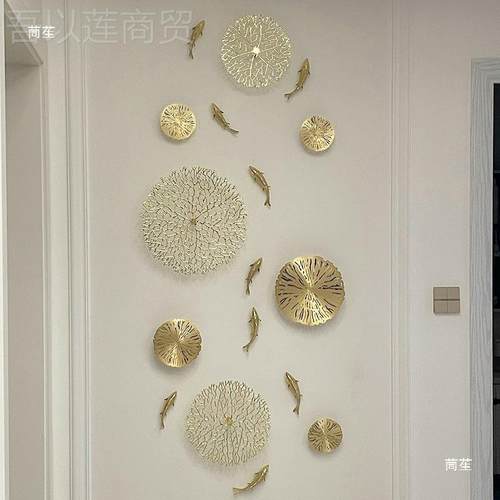 新中式轻奢客厅th%j#u+y电视玄关景墙装饰铜背鲤挂鱼墙壁挂件饰墙