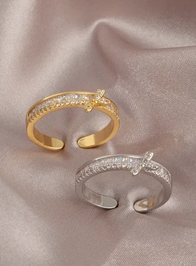 韩版小众设计感镶钻结锆石戒指女法式轻奢精致食指戒开口指环