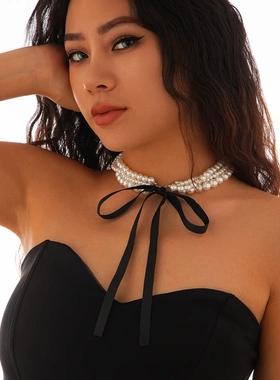 欧美饰品 时尚感结串珠锁骨链 系带丝绒珍珠项链女