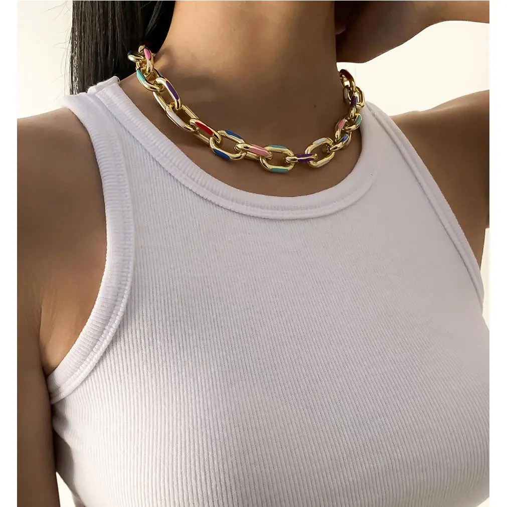 欧美饰品 几何简约冷淡风十字链项饰女 时尚混彩滴油金属项链