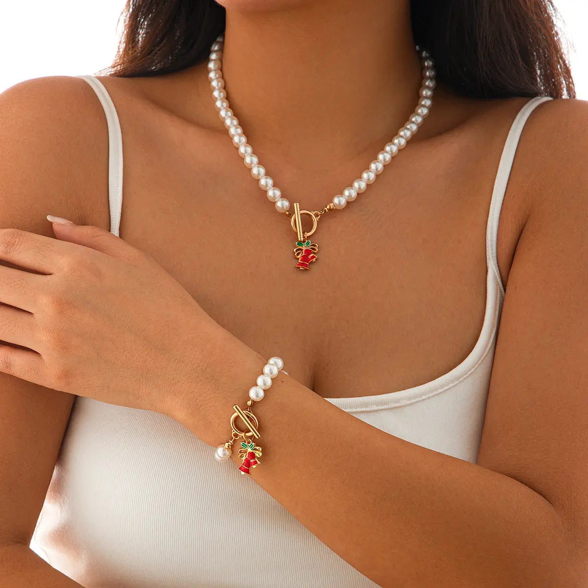 欧美饰品 轻奢风仿珍珠项链套装  时尚感圣诞树吊坠ot扣项链