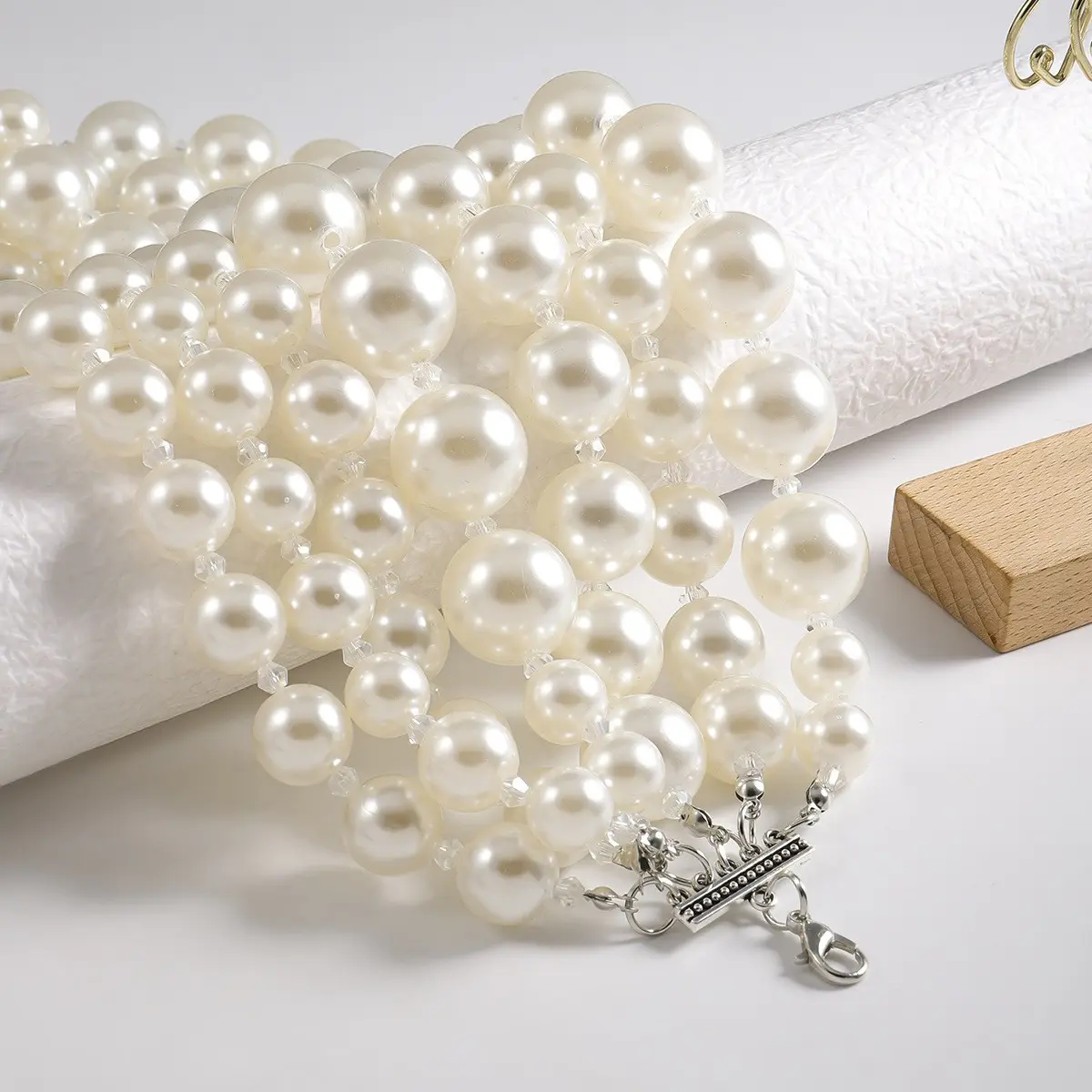 热销多层叠戴黑白拼色珍珠项链长款耳环轻奢锁骨链耳坠套装女