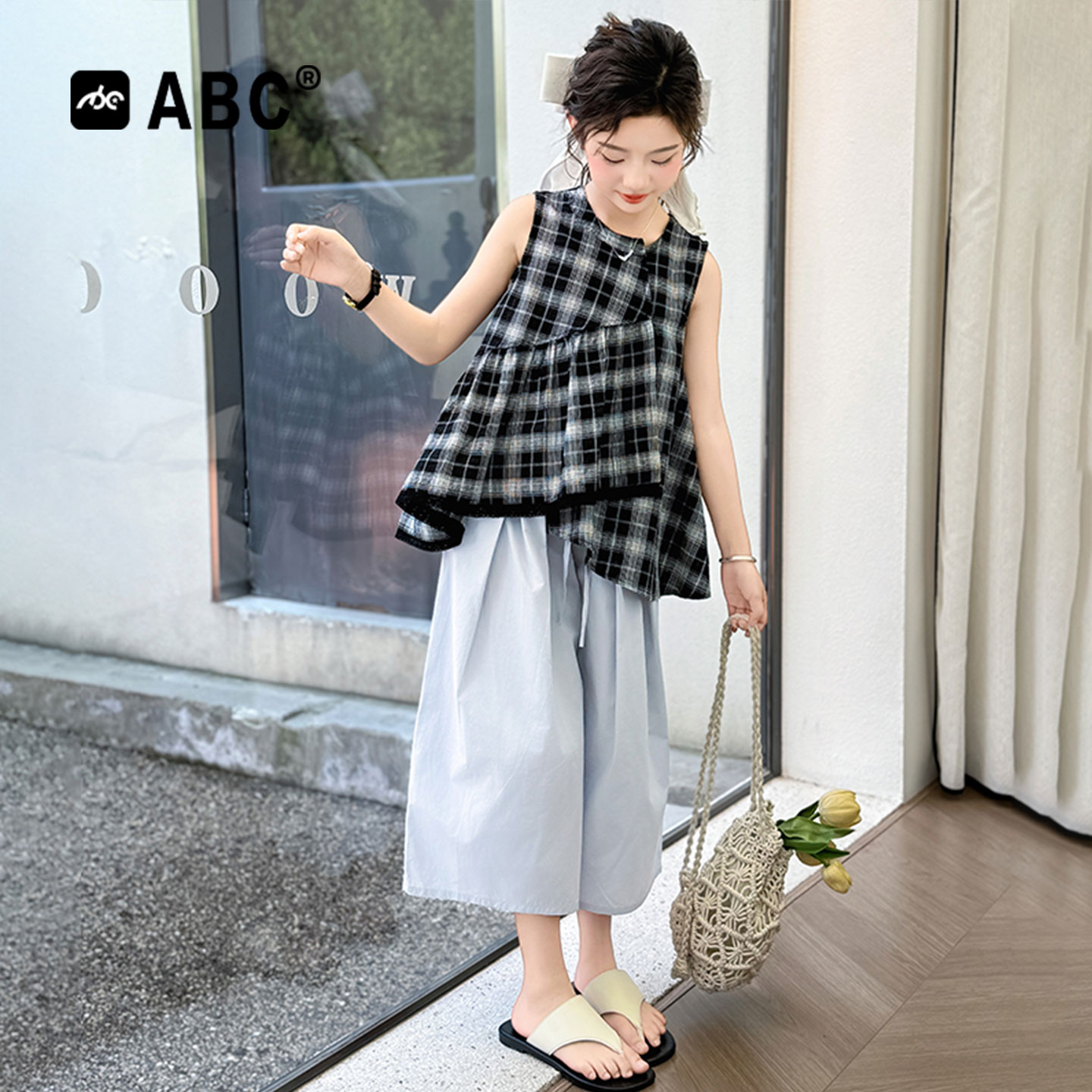 ABC女童夏季格子裙背心七分裤套