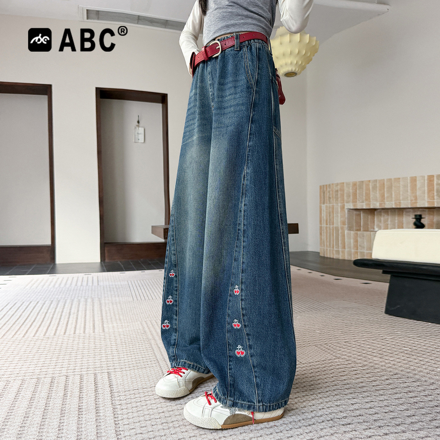 ABC女童牛仔裤春秋款中大童时尚百搭弯刀裤女孩阔腿裤休闲裤子
