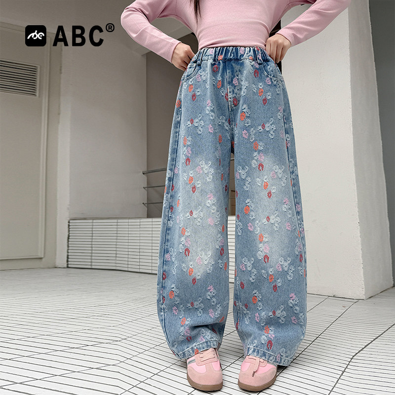 ABC女童春秋新款绣花牛仔裤