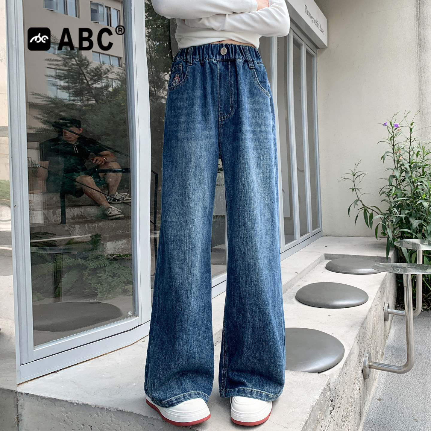 ABC女童牛仔裤2026春秋新品中大童秋装休闲裤女孩宽松洋气阔腿裤