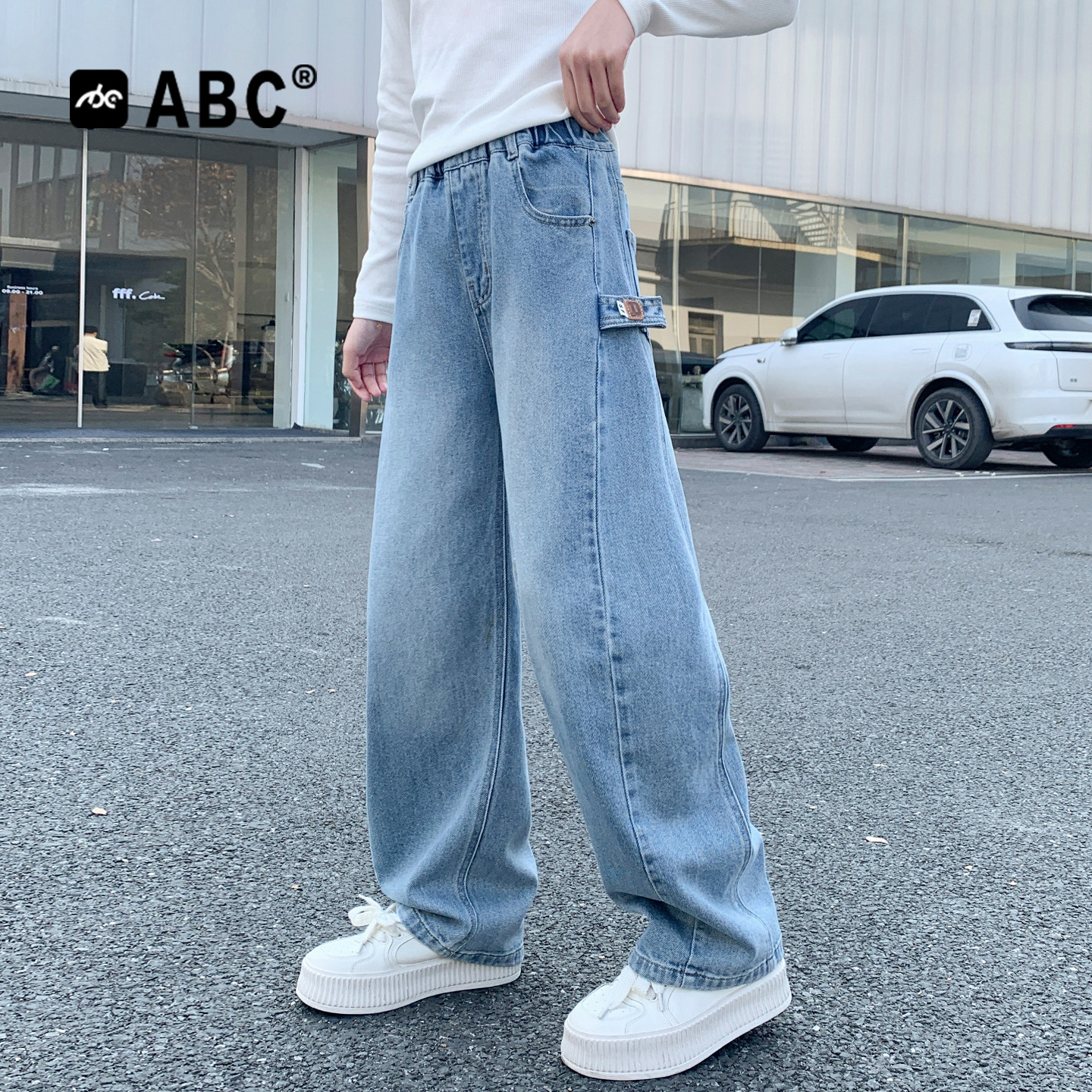 ABC女童牛仔弯刀裤儿童裤子2026春秋新款初中生中大童洋气休闲裤