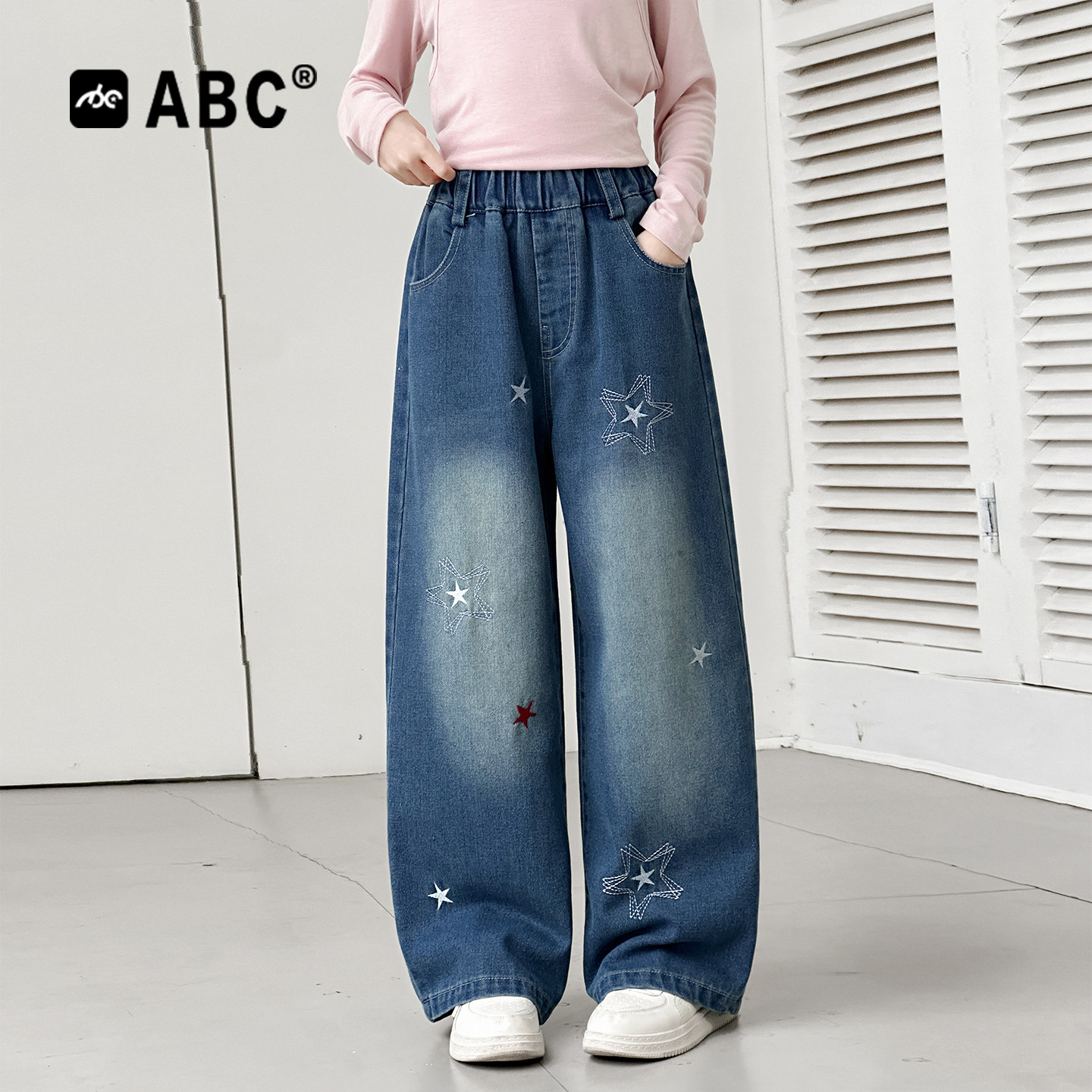 ABC女童春秋牛仔五角星阔腿裤图片