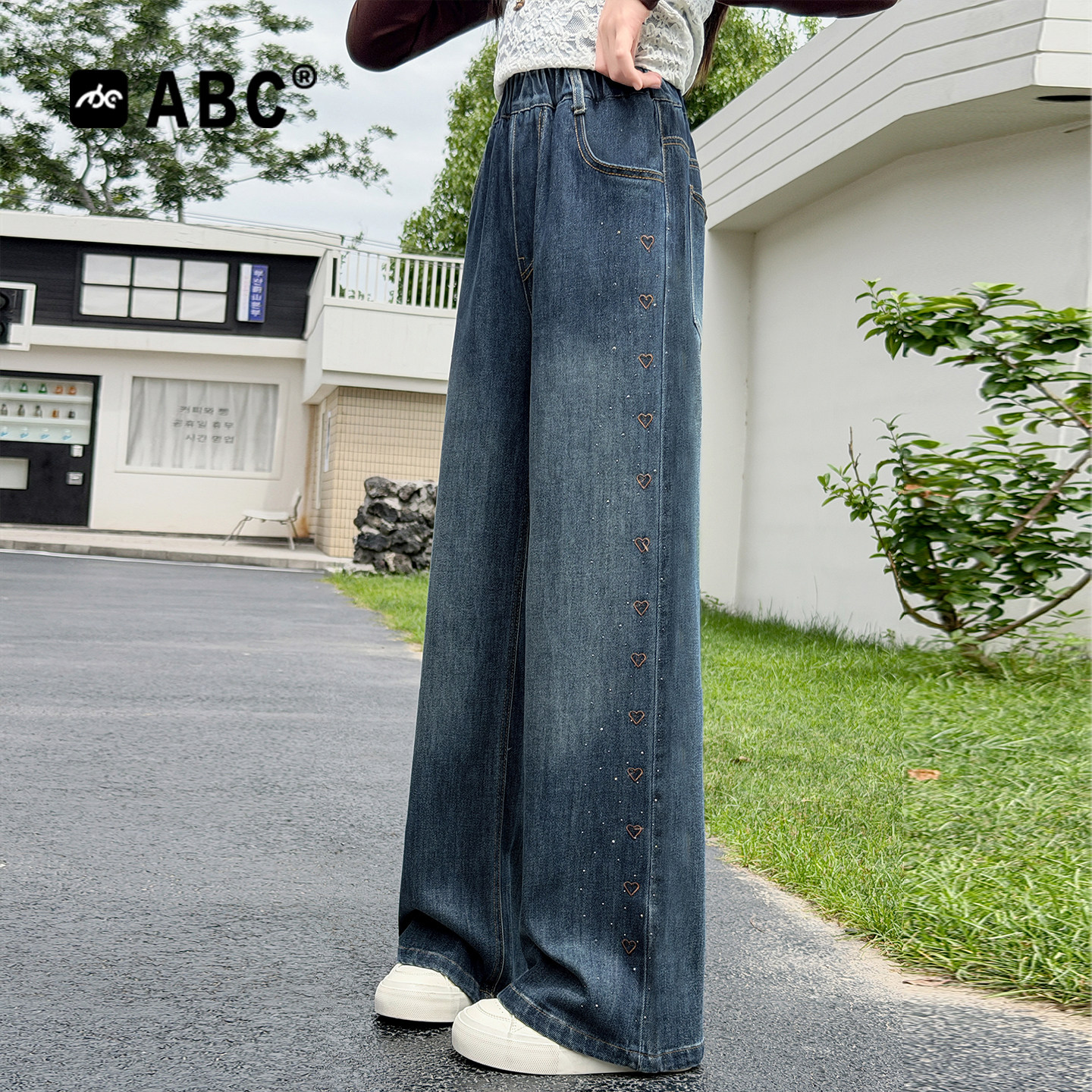 ABC女童烫钻裤子春秋装直筒长裤宽松中大童阔腿裤儿童刺绣牛仔裤