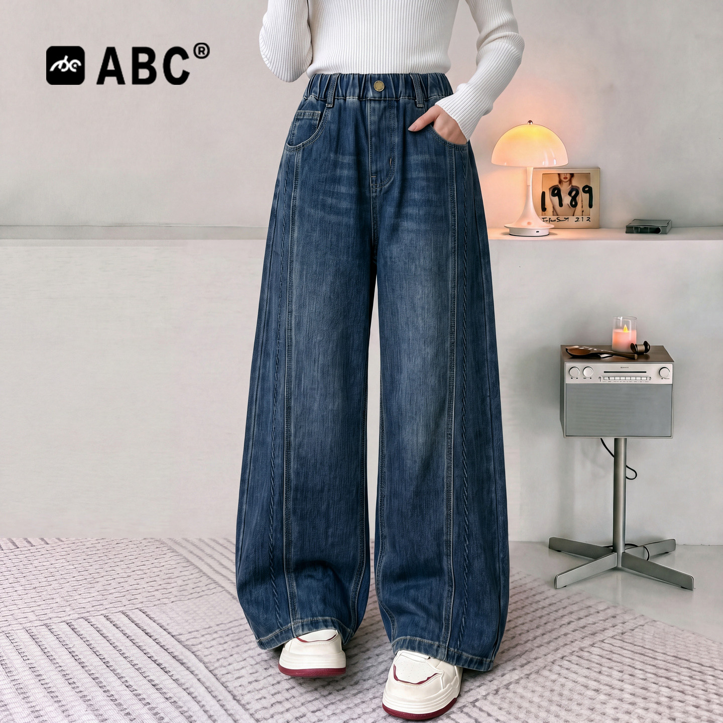 ABC女童春秋牛仔裤2026新款中大童前片工艺阔腿裤女孩韩系梧桐裤图片