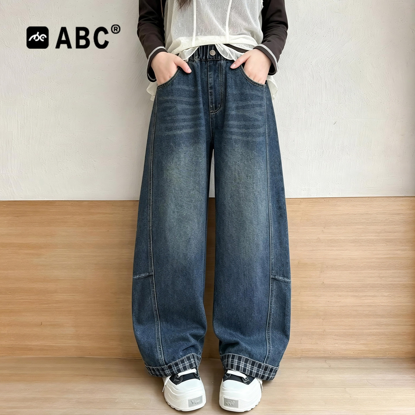 ABC女童牛仔阔腿裤春秋装裤子儿童洋气中大童秋季拼接格子弯刀裤
